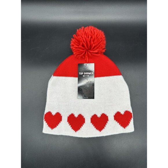 Sock Hat Hearts Pom Pom Beanie Red Hearts White Color Block Fluffy Womens Cute - Picture 2 of 9
